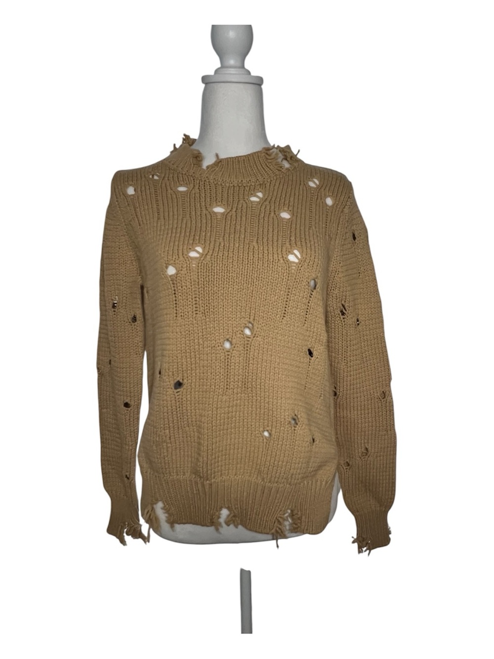 Zara Distressed Crewneck Sweater - Camel Medium